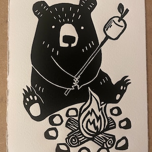 Marshmallow Bear By Campfire original hand printed linoleum block print wall art signed 5 x 7 inches Archival Rives BFK