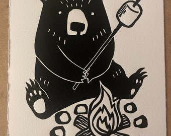 Marshmallow Bear By Campfire original hand printed linoleum block print wall art signed 5 x 7 inches Archival Rives BFK