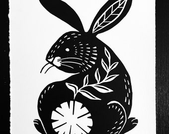 Black and white bunny with folk flowers hand printed linoleum block print wall art signed 5 x 7 inches Archival Rives BFK