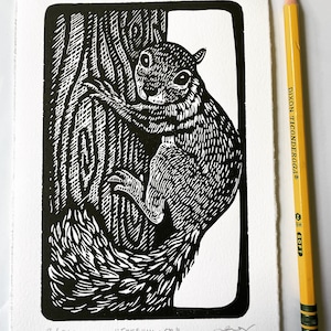 Tree Hugger, Squirrel Climbing Tree, Vertical 5 x 7 inch, original linocut black and white, first edition, signed and numbered, archival