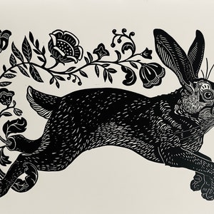Lucky Rabbit  in Black and White First Edition Signed and Numbered Linoleum Block Print Handprinted on Heavyweight Archival Cotton Rag Paper