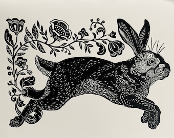 Lucky Rabbit  in Black and White First Edition Signed and Numbered Linoleum Block Print Handprinted on Heavyweight Archival Cotton Rag Paper
