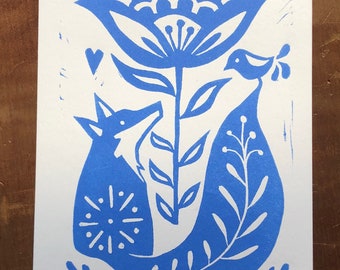 Linoleum Block Print "Hello Friend" 5" x 7"