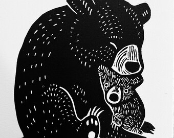 Mom and baby bear linocut, Unframed, 5 x 7 inches, signed, archival, wall art