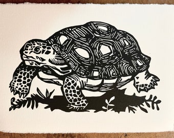 Tortoise Block Print, Black and White Linocut Art (8x10)