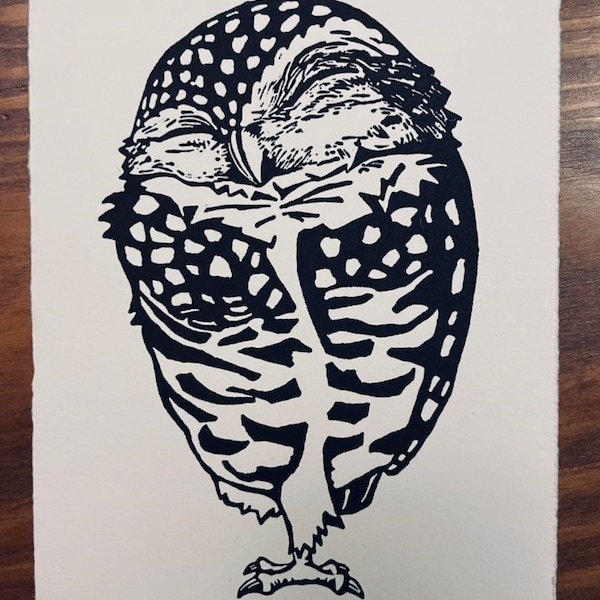 5 More, More Minutes! 5" x 7" Burrowing Owl with turned head Block Print on Archival Cotton Paper Printed by Hand Open Edition, Signed