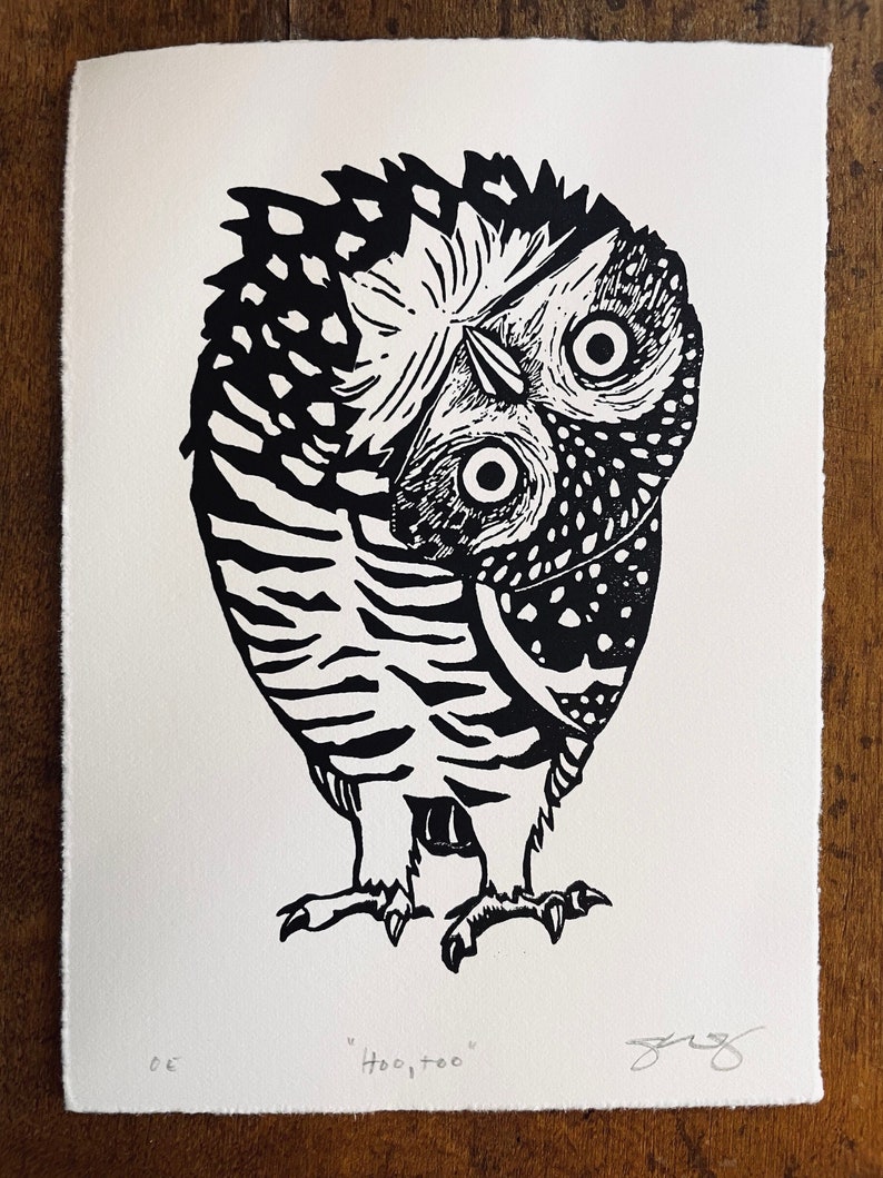 Hoo, Too 5 x 7 Burrowing Owl with turned head Block Print on Archival Cotton Paper Printed by Hand Open Edition, Signed image 1