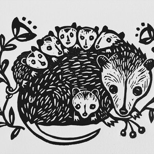 Opossum Momma Print, Black and White Folk Art (5x7 Unframed)