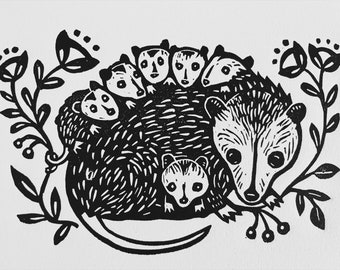 Opposum Momma Folk Art Style block print on Archival Cotton Rag signed numbered first edition of 100 Black and White Unframed 5” x 7” inches