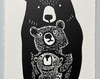 Bear Family Block Print, Original Hand-Printed Linocut Art (5x7)
