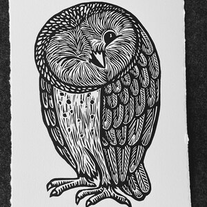 Original Linocut 5 x 7 Winking Barn Owl Owl Block Print on Archival Cotton Paper Printed by Hand, Signed, Edition 300. image 2