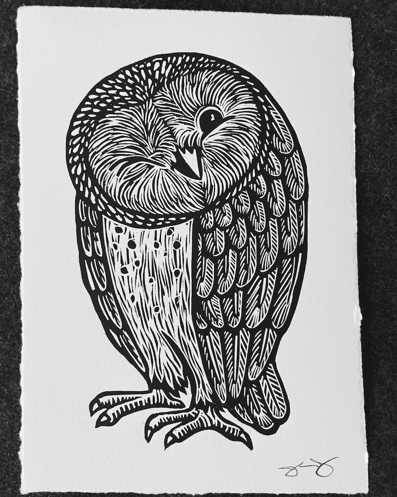 Original Linocut 5 x 7 Winking Barn Owl Owl Block Print on Archival Cotton Paper Printed by Hand, Signed, Edition 300. image 2