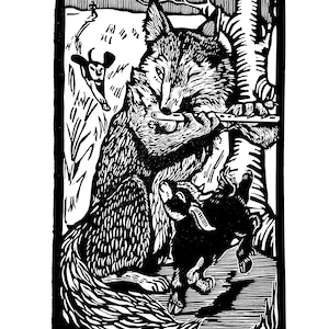 La linogravure de Piper en noir et blanc représente le loup et le petit