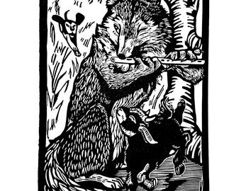 Playing Piper Linocut in Black and White of the Wolf and the Kid