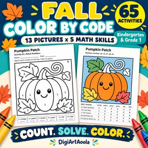 Fall Color by Code Worksheets, 65 Autumn Math Activities, Numbers Ten Frames Addition Subtraction, Kindergarten Grade 1 Printable