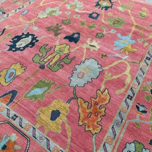 Hand Knotted Pink Wool Rug Colorful Floral Oushak Pattern Navy Blue Green Yellow Botanical Design Handmade Traditional Area Boho Home Rug