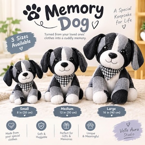 May include: Three plush dog toys in small, medium, and large sizes, measuring 8, 12, and 16 inches respectively. Each dog is made of black, gray, and white fabric patches, features black button eyes, and wears a black and white checkered bandana.