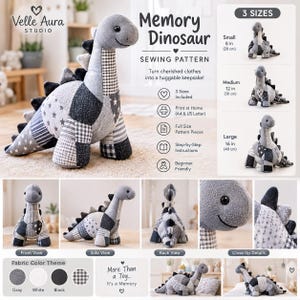 May include: A sewing pattern for a memory dinosaur toy by Velle Aura Studio. The pattern includes instructions for three sizes: small 8 inches, medium 12 inches, and large 16 inches. The dinosaur is made from gray, white, and black fabric patches.