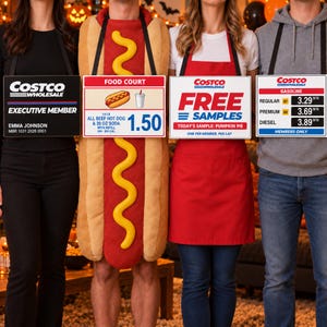 May include: Four individuals wearing costumes and signs: a black Costco Executive Member badge, a hot dog suit with a Food Court menu sign, a red apron with a Free Samples sign, and a grey hoodie with a Costco Gasoline price sign.