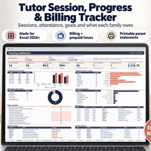 Tutoring Tracker Excel Template, Student Progress, Session & Attendance Log, Tutor Billing, Prepaid Hours, Monthly Parent Statement