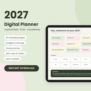 Può includere: Un'agenda digitale 2027 visualizzata su uno schermo di tablet con una dashboard dotata di pulsanti color pastello per il monitoraggio delle abitudini, il budget e la pianificazione dello studio. L'interfaccia include schede di navigazione mensili.