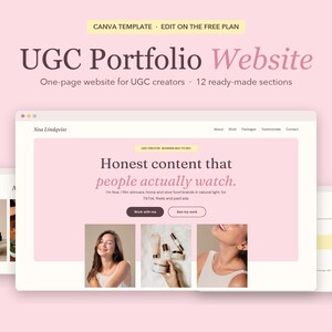 May include: A digital Canva template for a UGC portfolio website featuring a light pink color scheme. The layout includes sections for a creator bio, work examples, packages, and testimonials with text reading UGC Portfolio Website.
