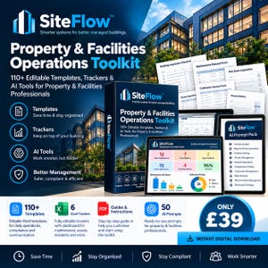 May include: The SiteFlow Property & Facilities Operations Toolkit includes 110+ editable templates, trackers, and AI tools. The digital product features a box, dashboard screens, and document forms for building management, maintenance, and compliance.