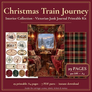 May include: A printable junk journal kit titled Christmas Train Journey, featuring a Victorian train carriage interior, vintage-style labels, tickets, and a red and green plaid pattern. The kit includes 29 A4 pages at 300 DPI.
