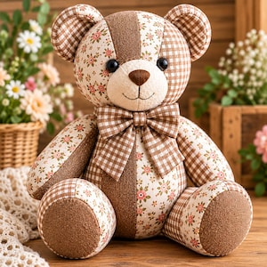 May include: A stuffed teddy bear constructed from patchwork fabric featuring alternating panels of brown and white gingham check and a cream-colored floral print with small pink flowers. The bear wears a matching gingham bow tie.