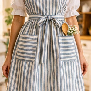 May include: A blue and white striped apron featuring a waist tie, two front pockets, and a wooden spoon tucked into the right pocket alongside a small cluster of white flowers. The apron is worn over a white shirt with short ruffled sleeves.