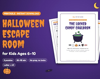 Può includere: Un gioco di escape room di Halloween stampabile intitolato The Locked Candy Cauldron per bambini dai 6 ai 10 anni. Il set include 5 enigmi, un lucchetto magico, carte indizio, un certificato e una chiave di risposta per 2-8 giocatori.