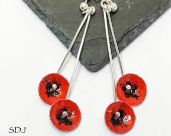 Handmade silver dangling enamelled poppy earrings flower earrings