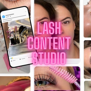 May include: A collage of images featuring eyelash enhancement tools, including pink silicone lash shields, a pink mascara wand, and a smartphone displaying a social media post with the text LASH CONTENT STUDIO in pink.