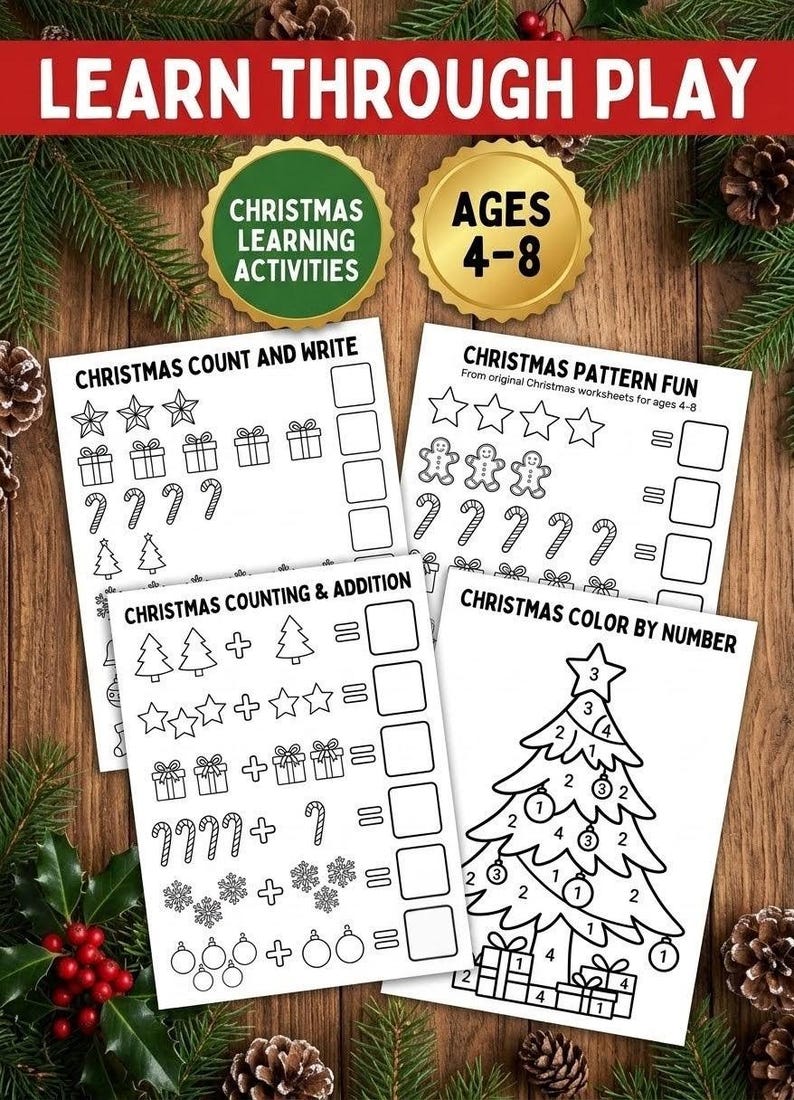 Christmas Activity Bundle for Kids Ages 4–8, 30 Printable Christmas ...