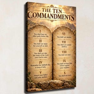 May include: A rectangular wall art print featuring the title The Ten Commandments in large brown lettering. Two stone tablets are depicted with the ten commandments listed in Roman numerals I through X against a golden mountain background.