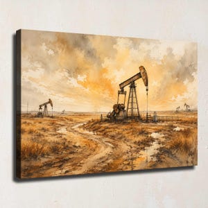 Aquarell-Leinwandbild mit Ölförderanlage, rustikale Industrielandschaft, Texas-Ölfeld-Poster, maskuline Bürodekoration, goldener Sonnenuntergang