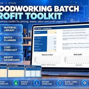 May include: A digital Woodworking Batch Profit Toolkit displayed on a laptop screen, featuring an Excel dashboard for material, labor, and profit planning. Includes Material Library, Batch Planner, and Profit Dashboard modules.