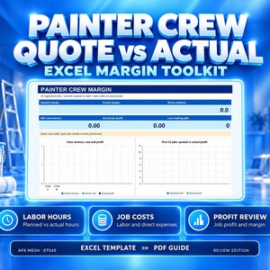 Può includere: Un'interfaccia di foglio di calcolo digitale intitolata PAINTER CREW QUOTE vs ACTUAL EXCEL MARGIN TOOLKIT. Il display presenta tabelle di dati per margini, ore e profitti, con grafici per ricavi e profitti. Include pulsanti per Labor Hours, Job Costs e Profit Review.