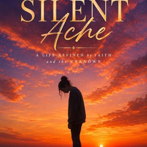 Op de afbeelding: Een boekomslag met de titel A SILENT Ache A LIFE REFINED by FAITH and the UNKNOWN door Lyndell A.H. Het toont het silhouet van een persoon tegen een levendige oranje en paarse zonsondergang boven de oceaan, met de titel in gouden letters.