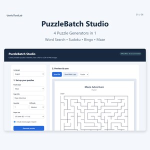 Pode incluir: Uma interface digital para o PuzzleBatch Studio, uma ferramenta de software com quatro geradores de quebra-cabeças para caça-palavras, sudoku, bingo e labirintos. A tela exibe configurações para criar labirintos imprimíveis, incluindo opções de idioma, quantidade, dificuldade e tamanho de papel.