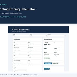 May include: A digital 3D Printing Pricing Calculator interface featuring input fields for production costs, material usage, and labour. The dashboard displays a recommended total of $105.15, profit margins, and unit costs for 3D printing projects.