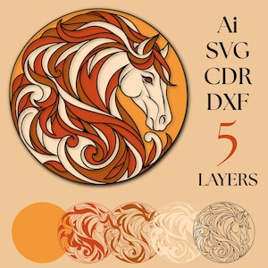 Könnte beinhalten: Ein kreisförmiges Grafikdesign mit einem stilisierten Pferdekopf und fließender Mähne in Orange-, Creme- und Brauntönen. Der Text enthält Ai, SVG, CDR, DXF und 5 LAYERS. Fünf einzelne kreisförmige Ebenen sind unter dem Bild dargestellt.