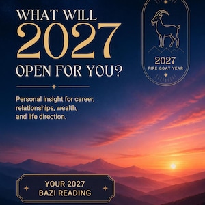 May include: A digital poster with a dark blue sky background featuring a sunset over mountains. Text reads: WHAT WILL 2027 OPEN FOR YOU? Personal insight for career, relationships, wealth, and life direction. 2027 FIRE GOAT YEAR. YOUR 2027 BAZI READING.