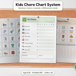 May include: A Kids Chore Chart System featuring routines, chores, and rewards with 200 picture cards. The printable PDF includes a My Chores chart, a Reward Menu, and sheets of colorful icons for daily tasks like making beds and brushing teeth.