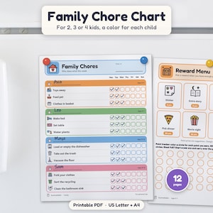 May include: A printable family chore chart and reward menu set with colorful sections for children. The chore chart features rows for tasks like toys away and food pet, while the reward menu includes icons for activities like movie night.
