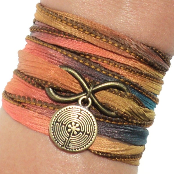 Infinity Labyrinth Silk Wrap Bracelet Yoga Jewelry Path Maze Journey New Beginnings Earthy Fall Eternity Love Stocking Stuffer Yogi Gift M36