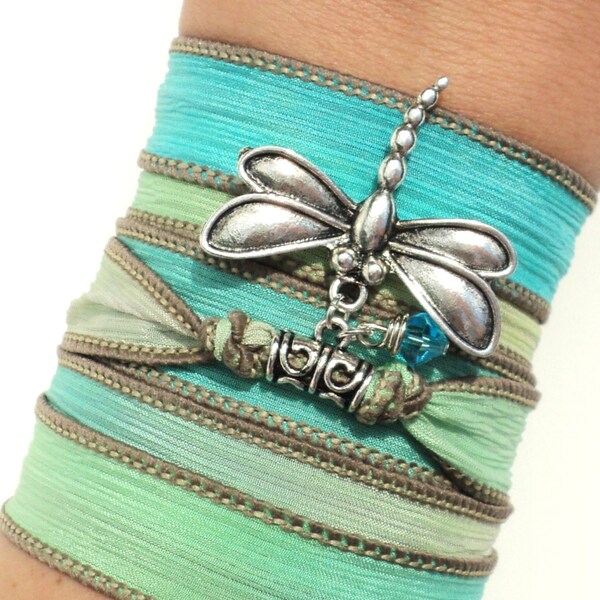 Yoga Silk Wrap Bracelet Dragonfly Jewelry Boho Chic Hippie Aqua Blue Green Bohemian Unique Gift For Her Birthday Under 50 Item V52