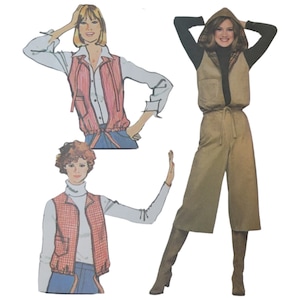 Könnte beinhalten: Drei Illustrationen von Frauen, die verschiedene Arten von Westen tragen. Die erste Frau trägt eine rot-weiß gestreifte Weste mit einem weißen Hemd darunter. Die zweite Frau trägt eine braune Weste mit einem schwarzen Rollkragenpullover darunter. Die dritte Frau trägt eine braune Weste mit einem braunen Kapuzenpullover darunter.