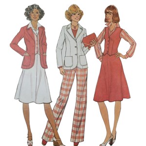 May include: Three women's fashion illustrations showing different outfit options. The first woman is wearing a red blazer over a white vest and a white skirt. The second woman is wearing a white blazer over a plaid shirt and plaid pants. The third woman is wearing a red skirt with a white shirt and a red vest.