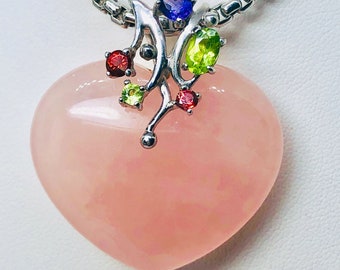 Vintage STERLING Natural  ROSE Pendant - Floral Bale - Sterling Removable Box Link Chain - Hallmarked - Multi Sized Gems - Natural Gems